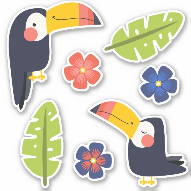 Cute Toucans Tropical Flowers Sticker (Front)