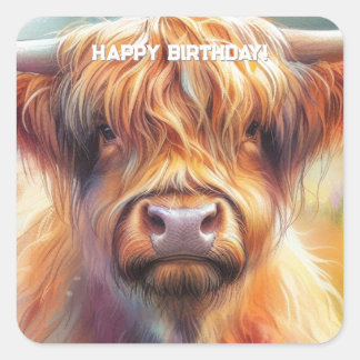 Cute Tough Shaggy Highland Cow Birthday Square Sticker