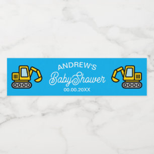 Cute toy construction excavator boy baby shower water bottle label