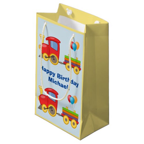 Cute Toy Train Balloons Birthday Party Name Blue Small Gift Bag