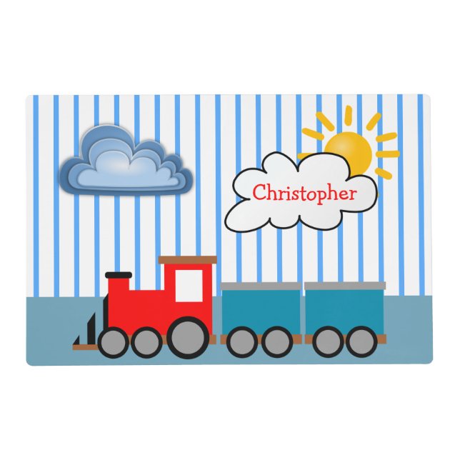 Cute Toy Train Sun Blue Stripe Boy Personalized Placemat (Front)