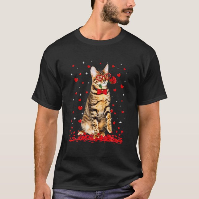 Cute Toyger Cat Glasses Heart Flower Valentine T-Shirt (Front)