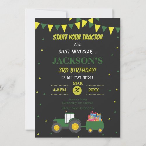 Cute Tractor Farm 3rd Birthday Confetti Invite RSV