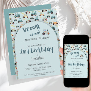 Cute Tractor farm boy 2nd birthday Invitation