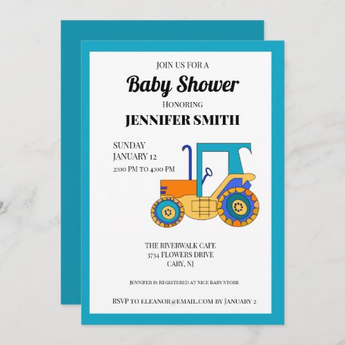 Cute Tractor on Blue Baby Shower Invitation