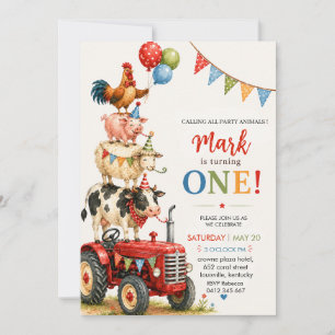 Cute Tractor & Party Animals Boy Birthday Invitation