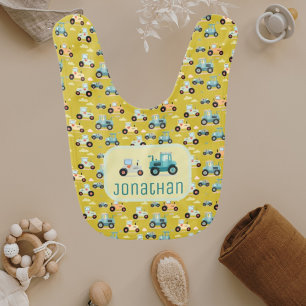 Cute tractor pattern ochre yellow name Baby Bib