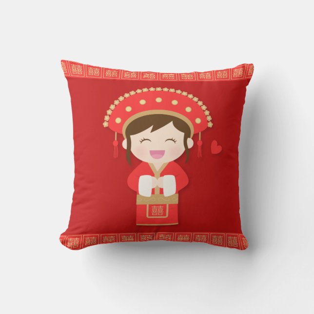 Cute Traditional Chinese Bride Wedding Decor Throw Pillow (Front)