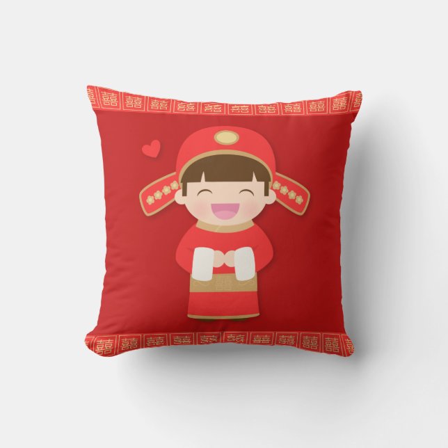 Cute Traditional Chinese Bridegroom Wedding Decor Throw Pillow (Front)