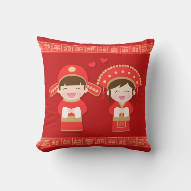Cute Traditional Chinese Couple Wedding Decor Throw Pillow (Front)
