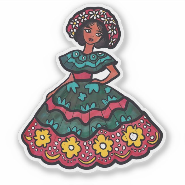 Cute Traditional Mexican Dress Illustration Sticker (Front)