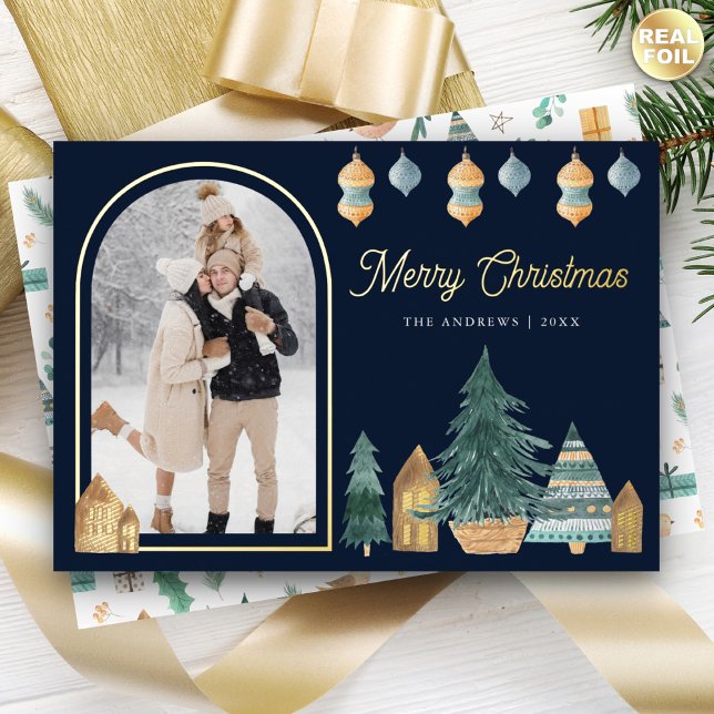 Cute Traditional Nordic Arch Photo Navy Christmas Foil Holiday Card (Creator Uploaded)