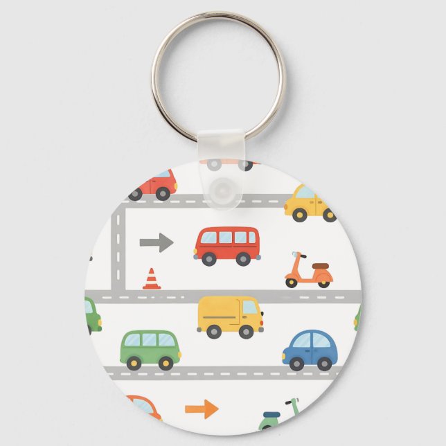 Cute Traffic Road Vehicles Pattern Kids Keychain (Front)
