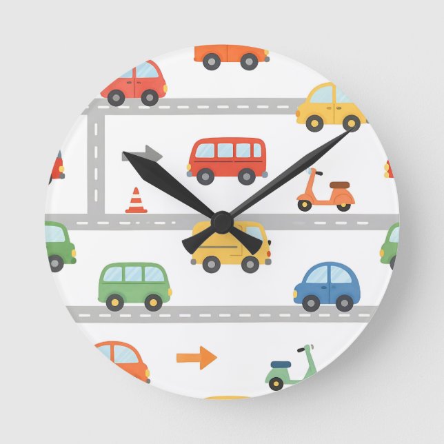 Cute Traffic Road Vehicles Pattern Kids Round Clock (Front)