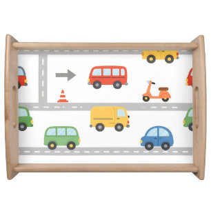Cute Traffic Road Vehicles Pattern Kids Serving Tray