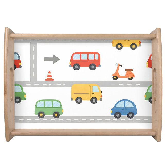 Cute Traffic Road Vehicles Pattern Kids Serving Tray (Front)