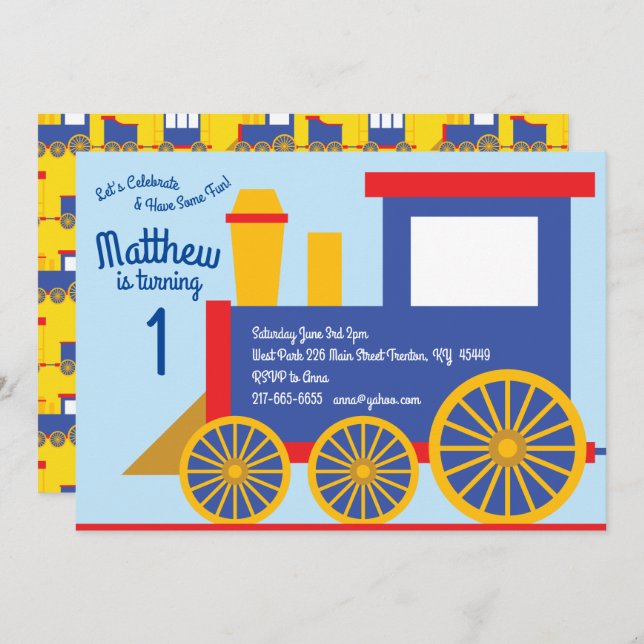 Cute Train 1st Birthday Invitations (Front/Back)
