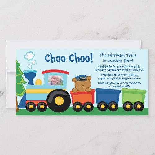 Cute train birthday party invitation photo card