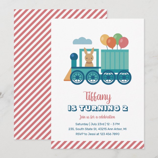 Cute Train Bunny and Balloon Kids Birthday Invitation (Front/Back)
