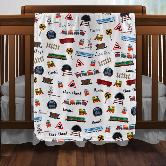 Cute Train Pattern Little Boy First Name Choo Choo Baby Blanket (Creator Uploaded)