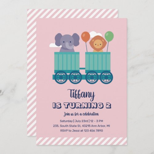 Cute Train Safari Animal Cartoon Kids Birthday Invitation