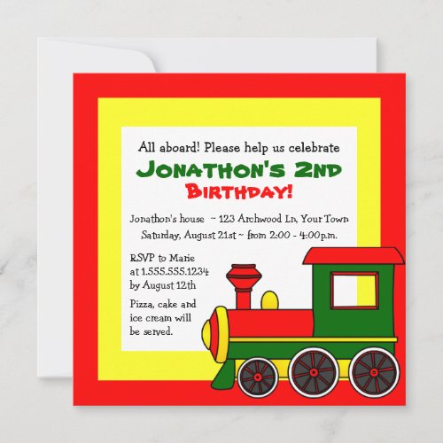 Cute Train Theme Kids Birthday - Red Green Yellow Invitations