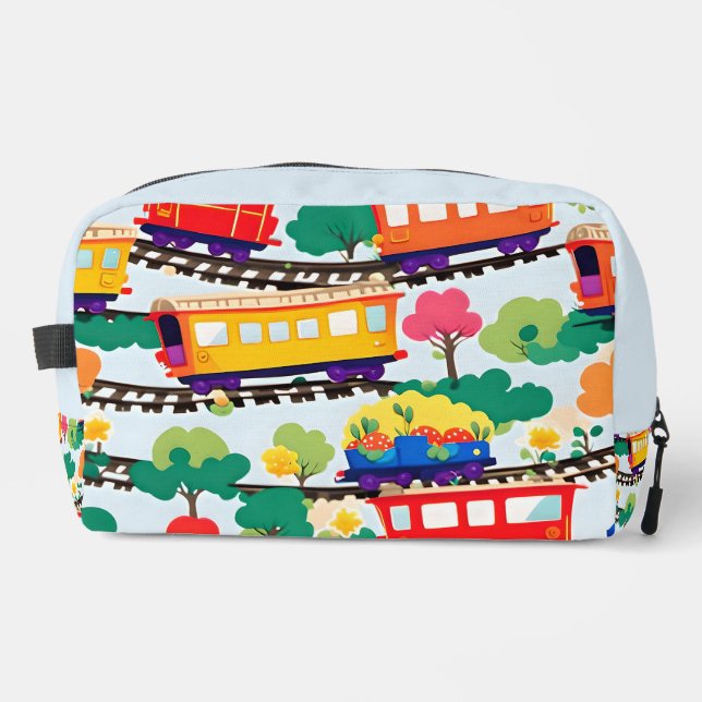 Cute trains and trees pattern blue dopp kit (Front)