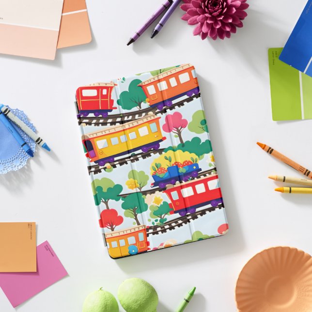 Cute trains and trees pattern blue iPad pro cover (Desk)