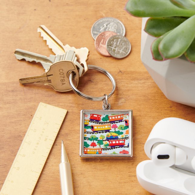 Cute trains and trees pattern blue keychain (Desk)