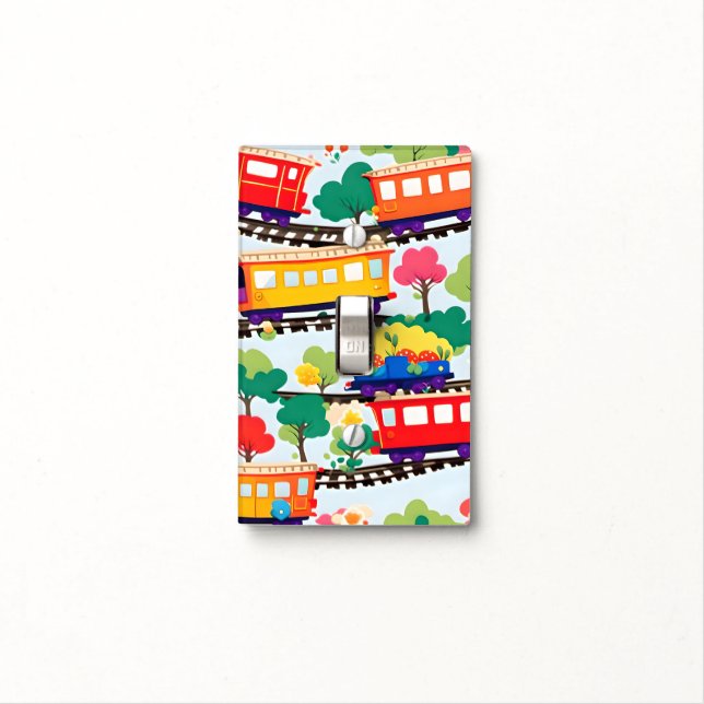 Cute trains and trees pattern blue light switch cover (In Situ)