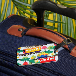 Cute trains and trees pattern blue luggage tag