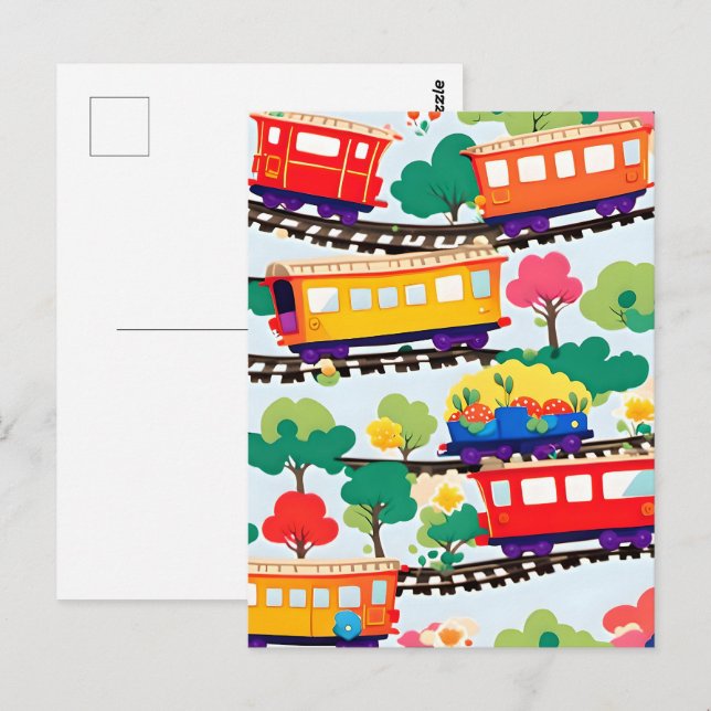 Cute trains and trees pattern blue postcard (Front/Back)