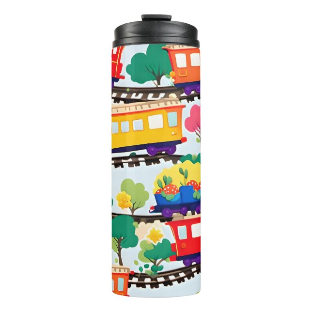 Cute trains and trees pattern blue thermal tumbler (Front)