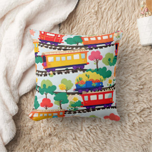 Cute trains and trees pattern blue throw pillow