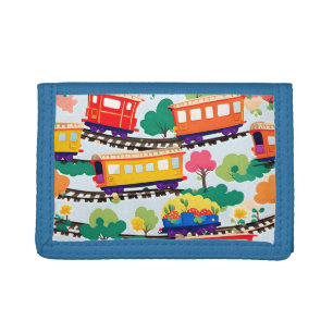 Cute trains and trees pattern blue tri-fold wallet