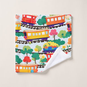 Cute trains and trees pattern blue wash cloth