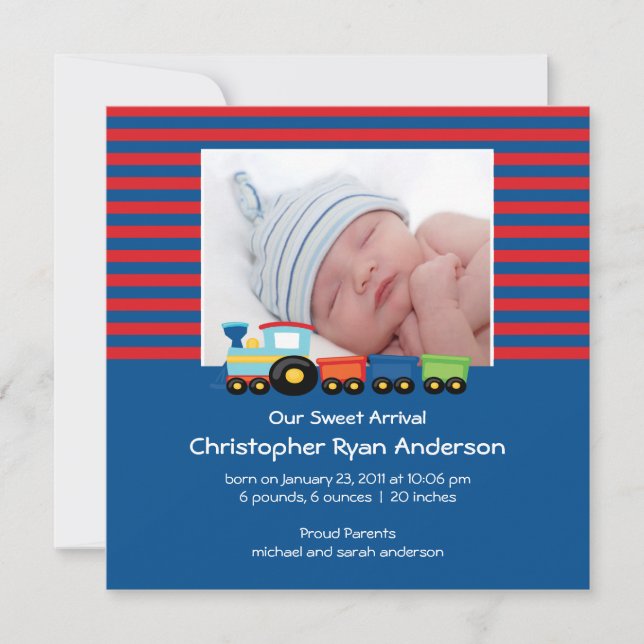 Cute Trains Baby Boy Photo Announcement (Front)
