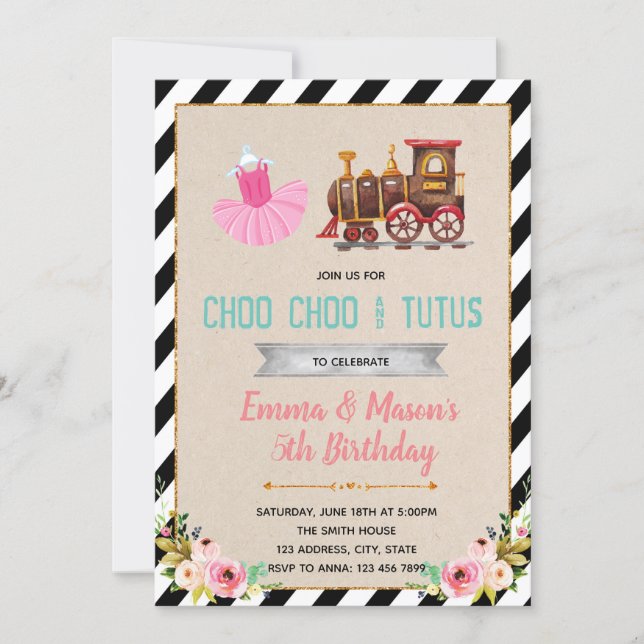 Cute trains tutus theme party invitation (Front)