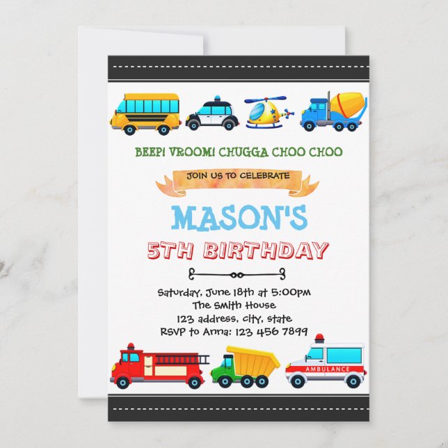 Cute transportation party invitation (Front)
