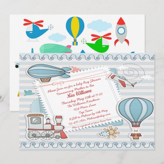 Cute Travel Themed Baby Boy Shower Invitation (Front/Back)