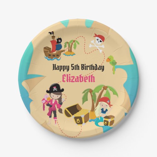 Cute Treasure Map Pink Girl Pirate Birthday Party Paper Plates