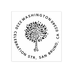 Cute Tree Family Name Round Return Address Rubber Stamp