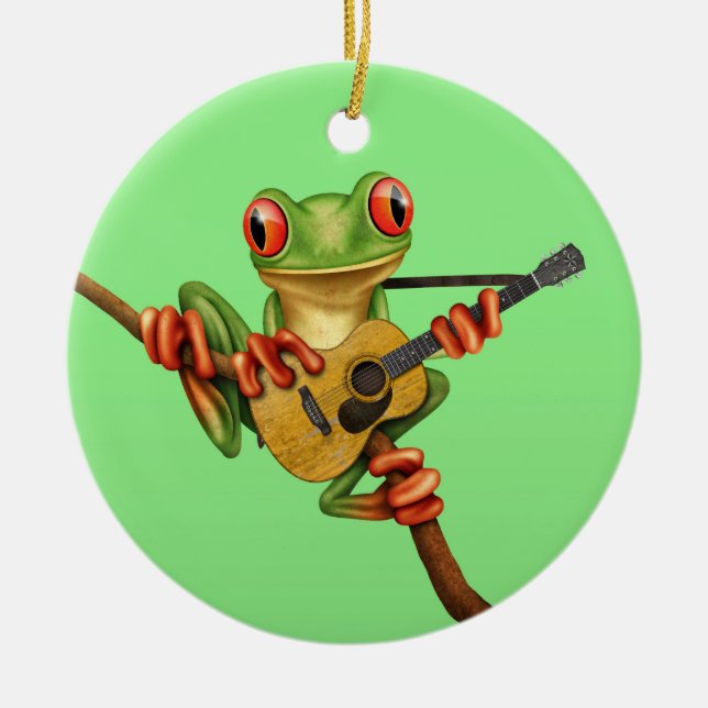 Cute Tree Frog Playing an Acoustic Guitar Green Ceramic Ornament (Front)