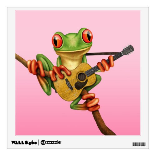 Cute Tree Frog Playing an Acoustic Guitar Pink Wall Decal