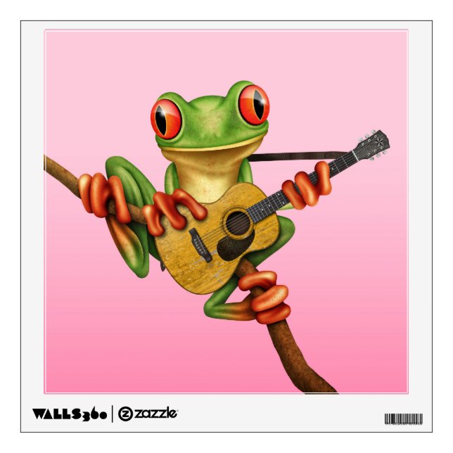 Cute Tree Frog Playing an Acoustic Guitar Pink Wall Decal (Front)