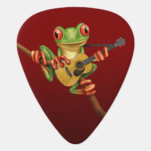 Cute Tree Frog Playing an Acoustic Guitar Red Guitar Pick