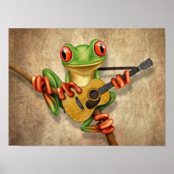 Cute Tree Frog Playing An Acoustic Guitar Rough Poster by crazycreatures at Zazzle