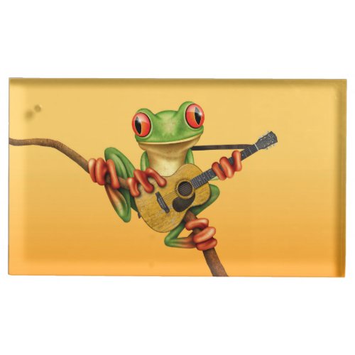 Cute Tree Frog Playing an Acoustic Guitar Yellow Place Card Holder