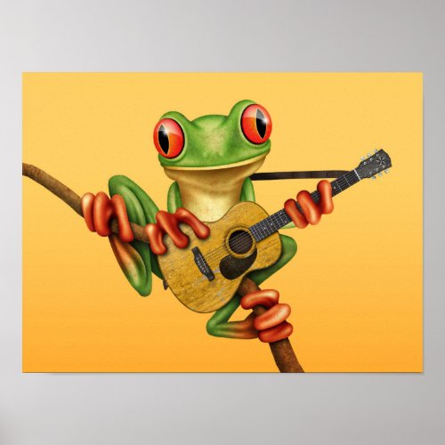 Cute Tree Frog Playing an Acoustic Guitar Yellow Poster