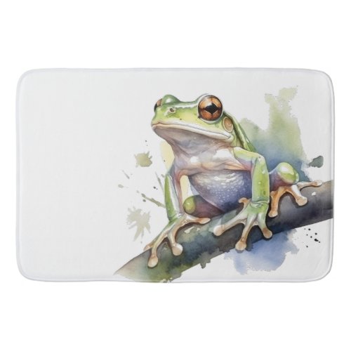 cute tree frog sitting on a branch in water color bath mat